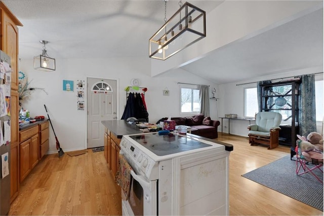 kitchen featuring a kitchen island, white electric range oven, light hardwood / wood-style floors, and lofted ceiling with beams