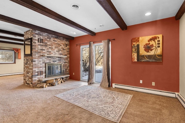 unfurnished living room featuring a brick fireplace, light colored carpet, beam ceiling, and baseboard heating