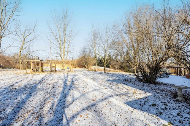 view of yard layered in snow