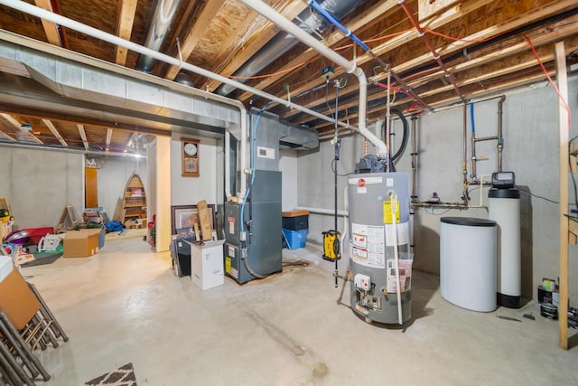 basement with water heater and heating unit