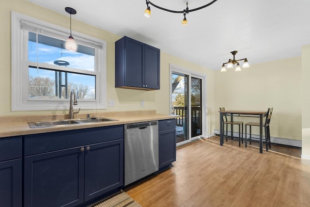 kitchen with sink, blue cabinets, dishwasher, light hardwood / wood-style floors, and baseboard heating