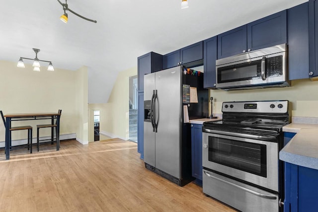 kitchen with stainless steel appliances, a baseboard radiator, light hardwood / wood-style flooring, and blue cabinetry