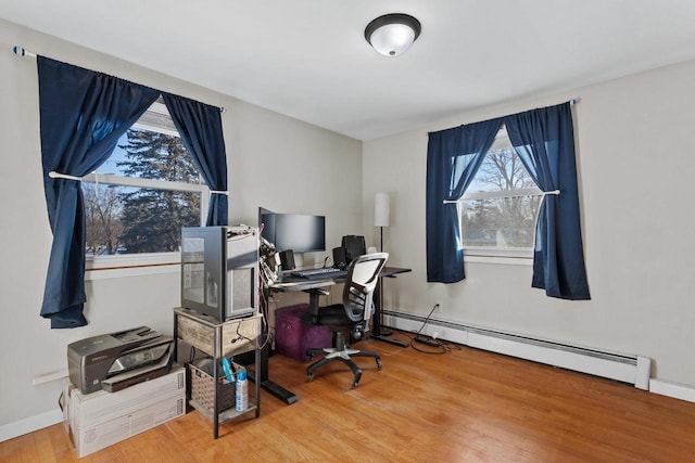 office with a baseboard radiator and hardwood / wood-style floors