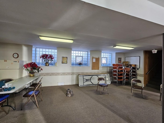 basement featuring white refrigerator and carpet floors