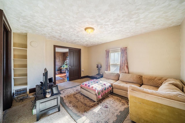 carpeted living room with a textured ceiling