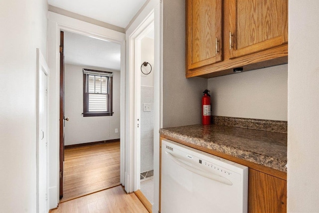 kitchen with light hardwood / wood-style floors, dishwasher, and dark stone counters