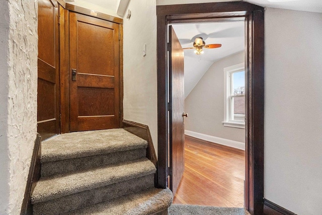 stairway featuring ceiling fan, hardwood / wood-style floors, and lofted ceiling