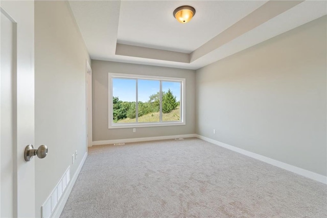 carpeted spare room with a raised ceiling