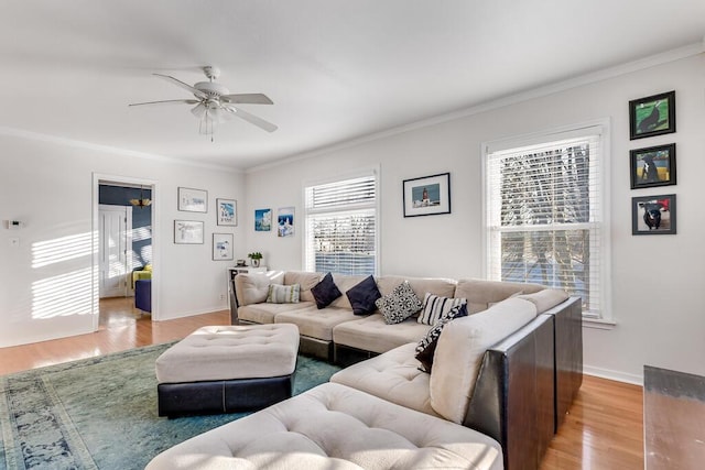 living room featuring ceiling fan, crown molding, and hardwood / wood-style flooring