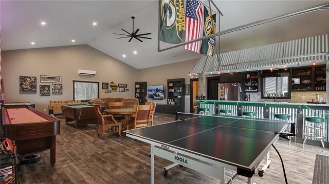 E5695 510th Ave, Menomonie, WI 54751 - recreation room featuring hardwood / wood-style floors, an AC wall unit, ceiling fan, billiards, and high vaulted ceiling
