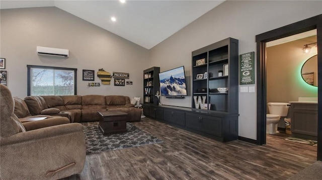 E5695 510th Ave, Menomonie, WI 54751 - living room featuring an AC wall unit, vaulted ceiling, and dark hardwood / wood-style floors