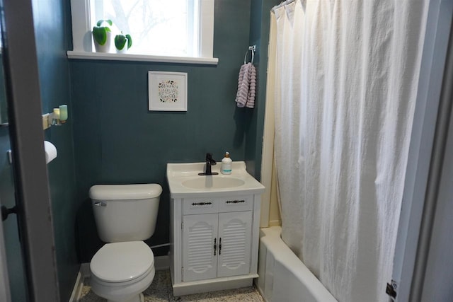 full bathroom with toilet, shower / bath combo, and vanity