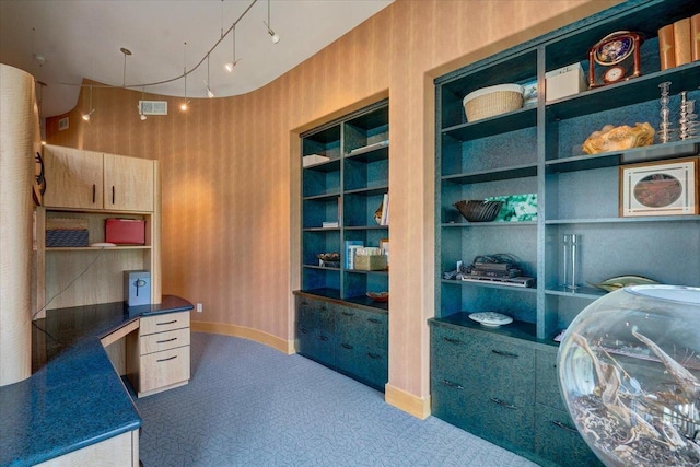 carpeted office space featuring built in shelves