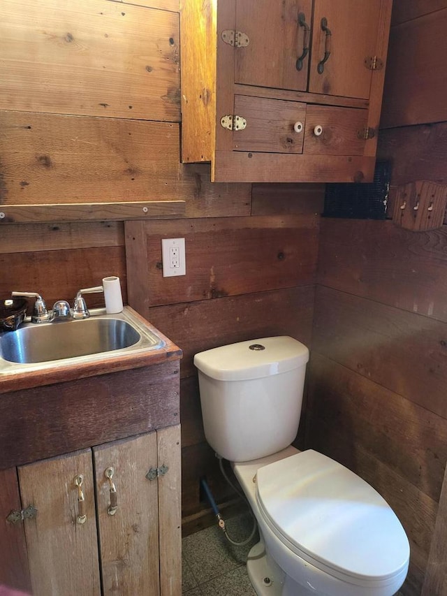 bathroom featuring toilet, wood walls, and vanity