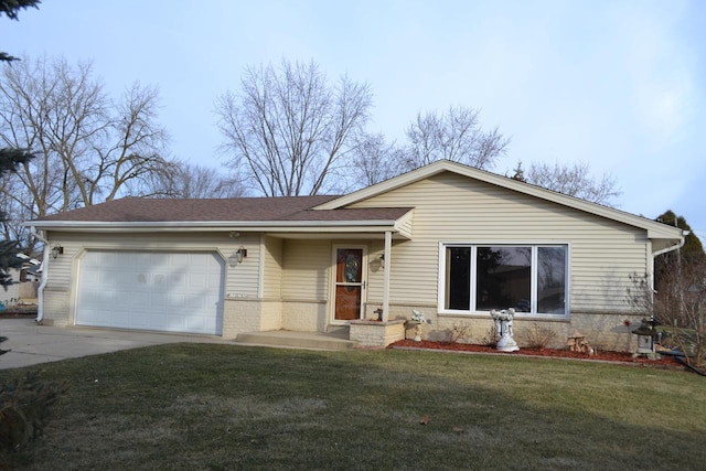 ranch-style house featuring a front lawn and a garage