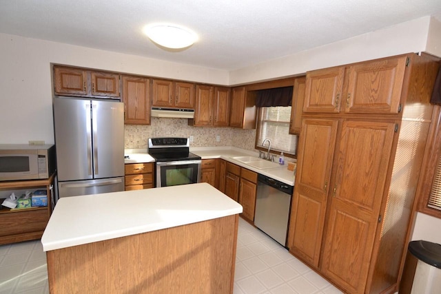 kitchen with a kitchen island, stainless steel appliances, tasteful backsplash, and sink