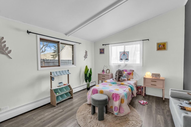 bedroom featuring baseboard heating, vaulted ceiling with beams, and wood-type flooring