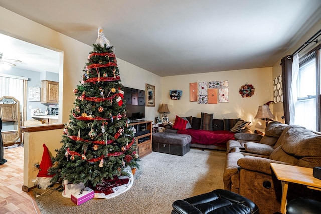 carpeted living room featuring ceiling fan