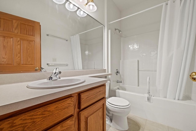 full bathroom featuring toilet, vanity, tile patterned floors, and shower / bath combination with curtain