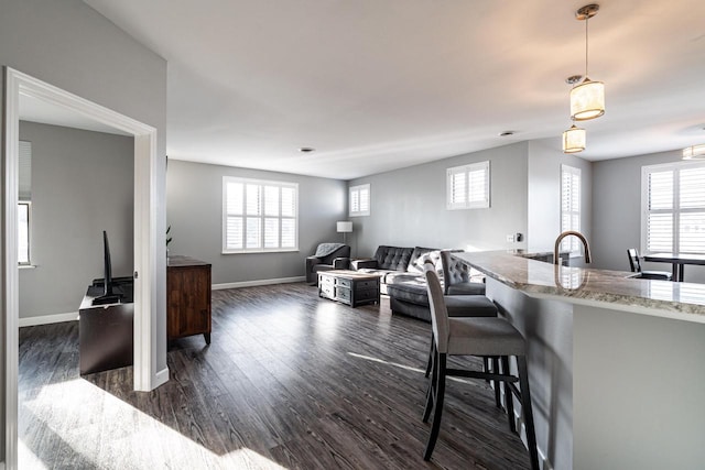 living room featuring dark wood-type flooring