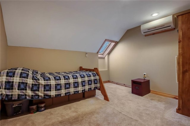 carpeted bedroom featuring vaulted ceiling and a wall mounted air conditioner