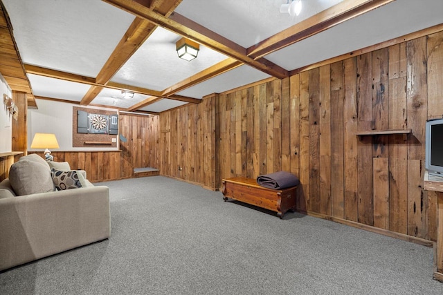 living room with light colored carpet, beamed ceiling, and coffered ceiling