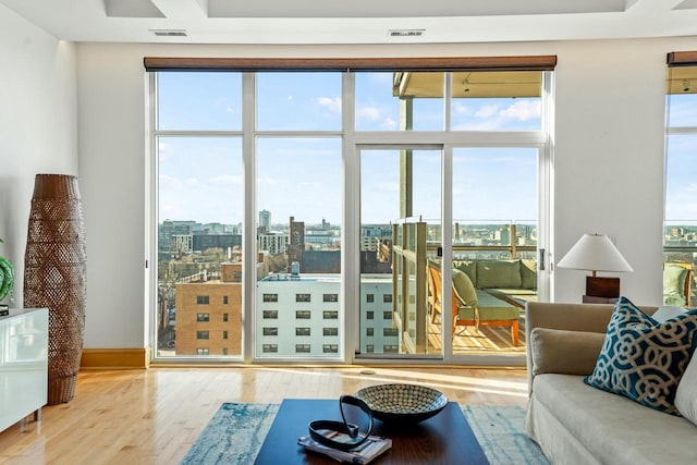 living room featuring light wood-type flooring, a healthy amount of sunlight, and a wall of windows