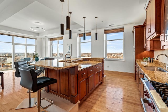 kitchen featuring decorative light fixtures, a kitchen breakfast bar, a kitchen island with sink, light stone counters, and sink