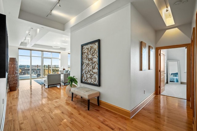 hall with light wood-type flooring, a tray ceiling, floor to ceiling windows, and rail lighting