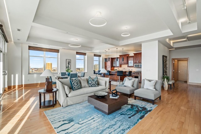 living room featuring rail lighting, light hardwood / wood-style floors, and a tray ceiling