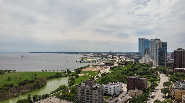 birds eye view of property featuring a water view