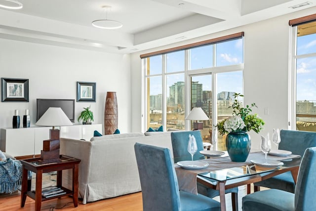 dining area featuring light hardwood / wood-style flooring and a tray ceiling