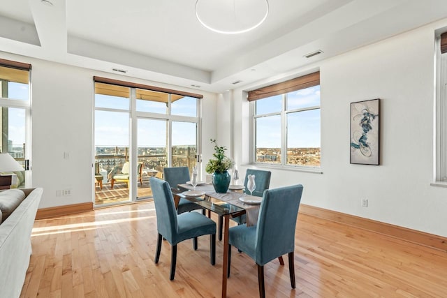 dining space featuring light hardwood / wood-style floors and a raised ceiling