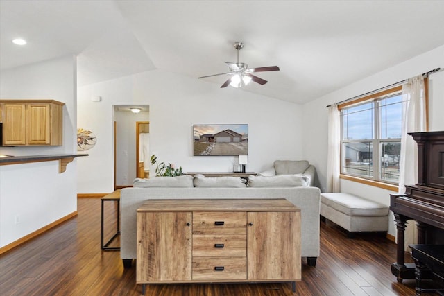 living room with dark wood-type flooring, lofted ceiling, and ceiling fan