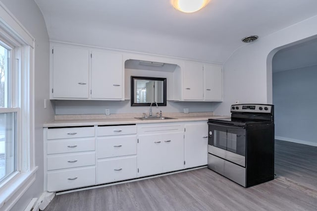 kitchen featuring sink, stainless steel range with electric cooktop, white cabinetry, and light hardwood / wood-style floors