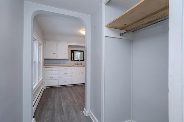 interior space featuring dark wood-type flooring, baseboard heating, and sink