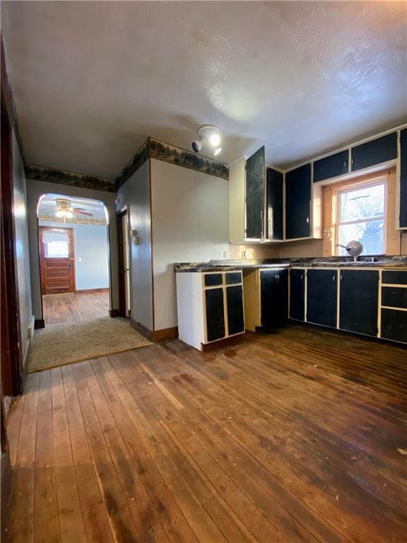 kitchen with ceiling fan, a healthy amount of sunlight, and dark hardwood / wood-style floors