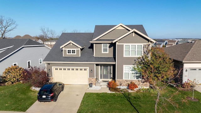 craftsman-style house with driveway, stone siding, and a front yard