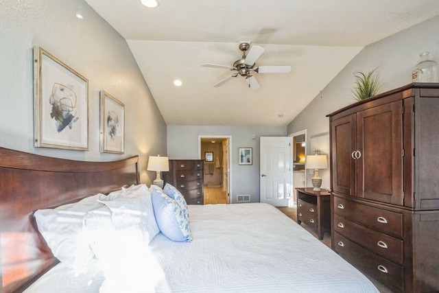 bedroom featuring vaulted ceiling and ceiling fan