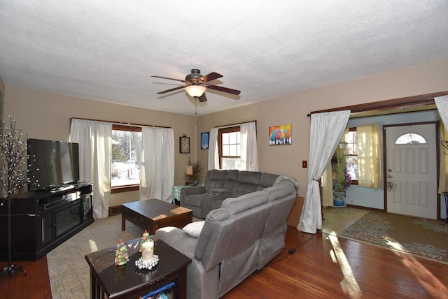 living room featuring ceiling fan, plenty of natural light, a textured ceiling, and hardwood / wood-style flooring