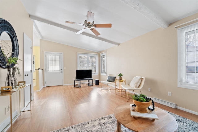 living room with light wood-type flooring, baseboard heating, vaulted ceiling with beams, and ceiling fan