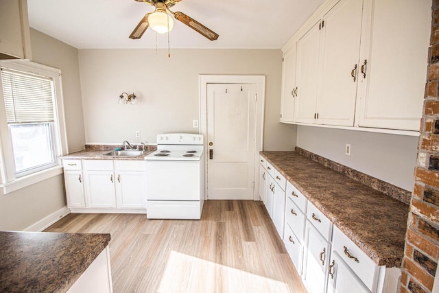 kitchen with ceiling fan, light hardwood / wood-style floors, sink, white cabinetry, and white range with electric cooktop