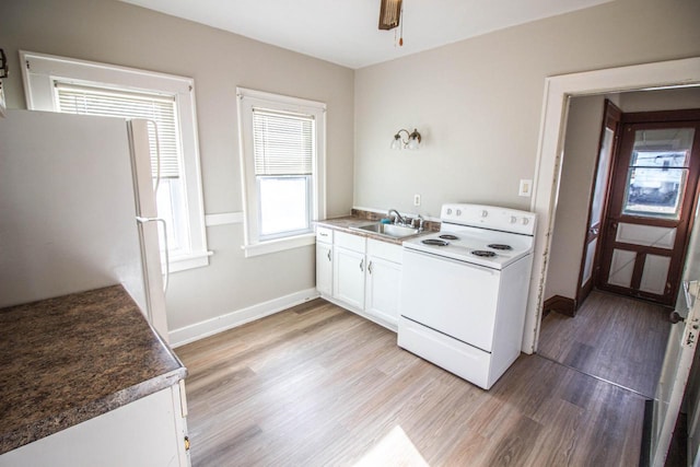 kitchen with white appliances, white cabinets, sink, ceiling fan, and light hardwood / wood-style flooring