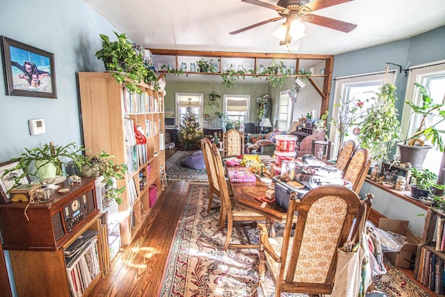 dining area featuring ceiling fan, a healthy amount of sunlight, and wood-type flooring