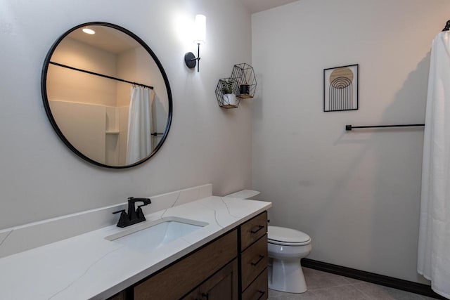 bathroom featuring toilet, vanity, tile patterned flooring, and a shower with shower curtain