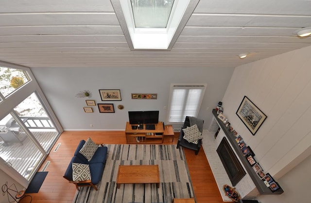 living room featuring wood-type flooring, a large fireplace, and a skylight