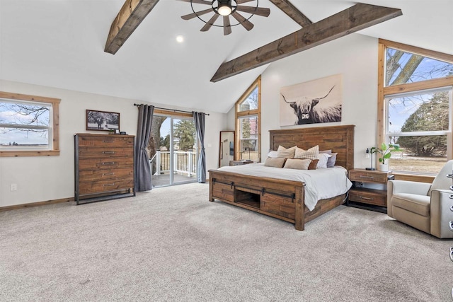 carpeted bedroom with ceiling fan, access to outside, beamed ceiling, and high vaulted ceiling