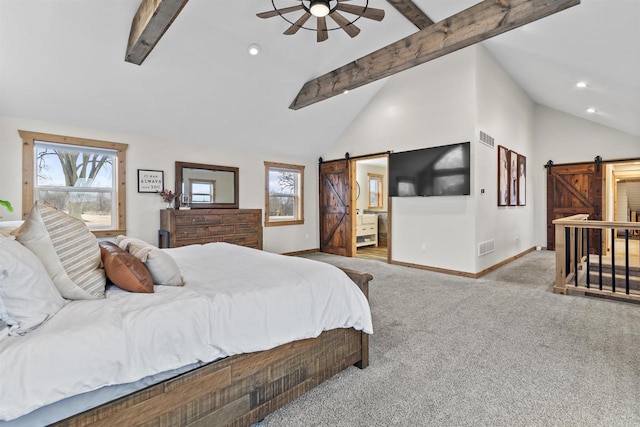 carpeted bedroom featuring ceiling fan, multiple windows, beam ceiling, and a barn door