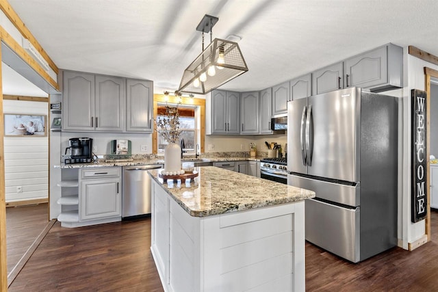 kitchen featuring hanging light fixtures, dark hardwood / wood-style floors, appliances with stainless steel finishes, and a kitchen island