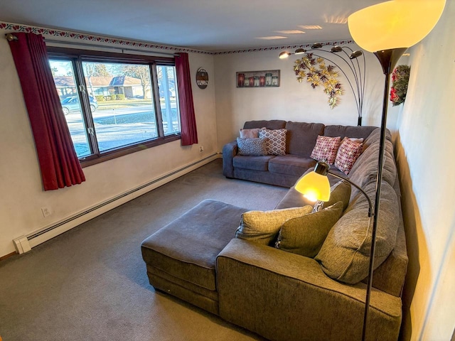 carpeted living room with a baseboard heating unit